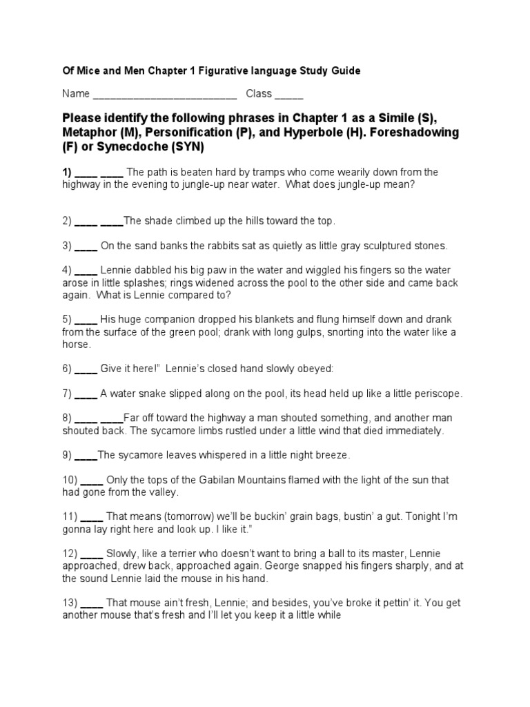 Of Mice and Men Chapter 1 Figurative Language Study Guide PDF Mouse