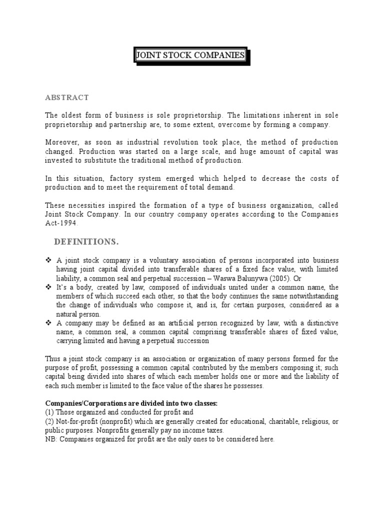 Joint Stock Companies 2 PDF Joint Stock Company Stocks