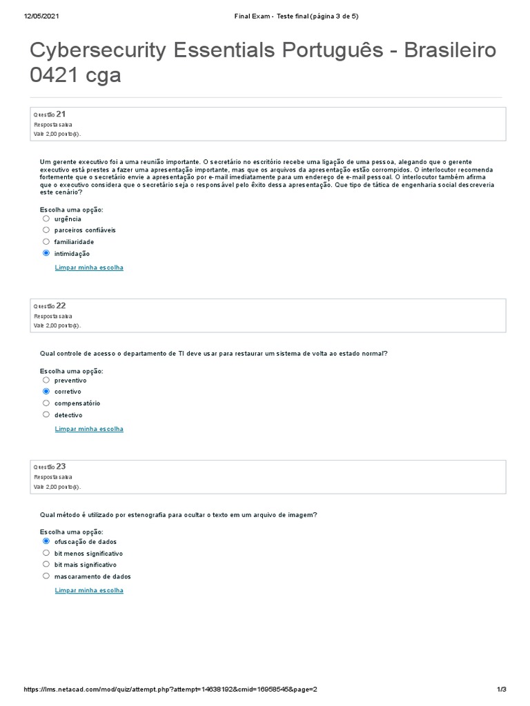 Teste Final Cybersecurity Essentials Cisco 3 | PDF | Criptografia de ...