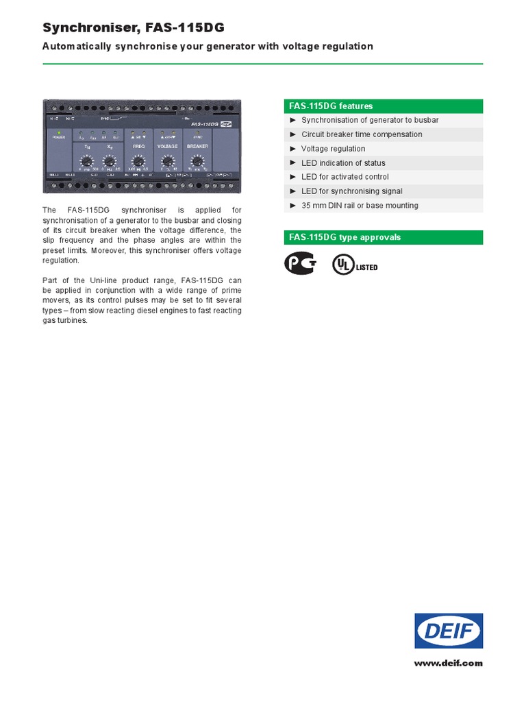 FAS-115DG Generator Synchroniser Overview | PDF