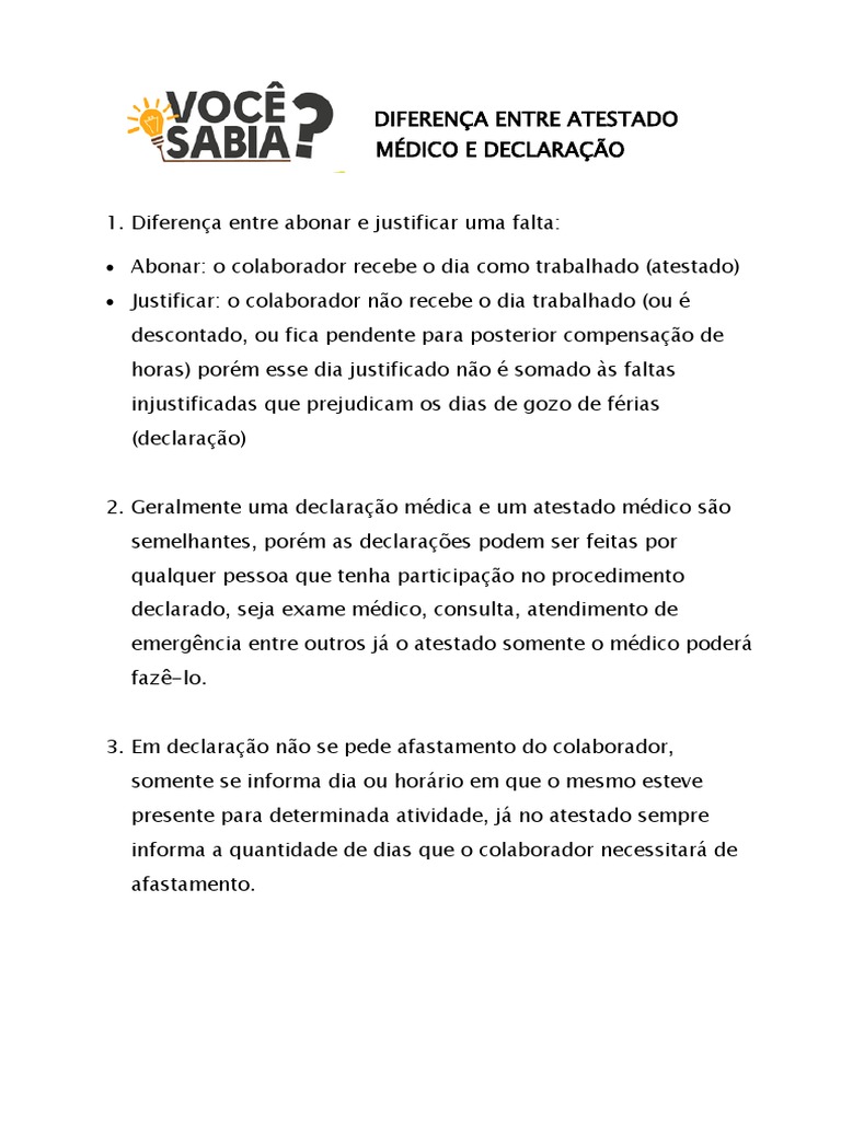 Diferença Entre Atestado Médico e Declaração | PDF