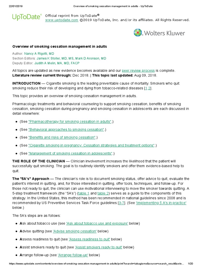 Overview of Smoking Cessation Management in Adults UpToDate PDF Smoking Cessation Addiction