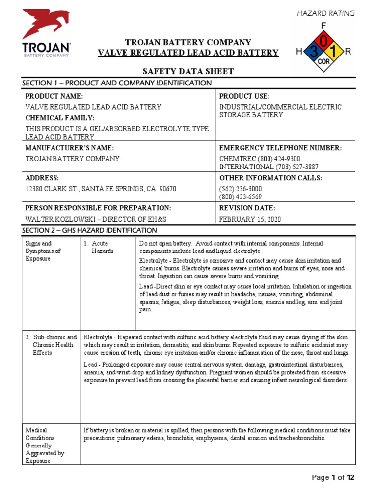 Trojan Battery Company Valve Regulated Lead Acid Battery Safety Data