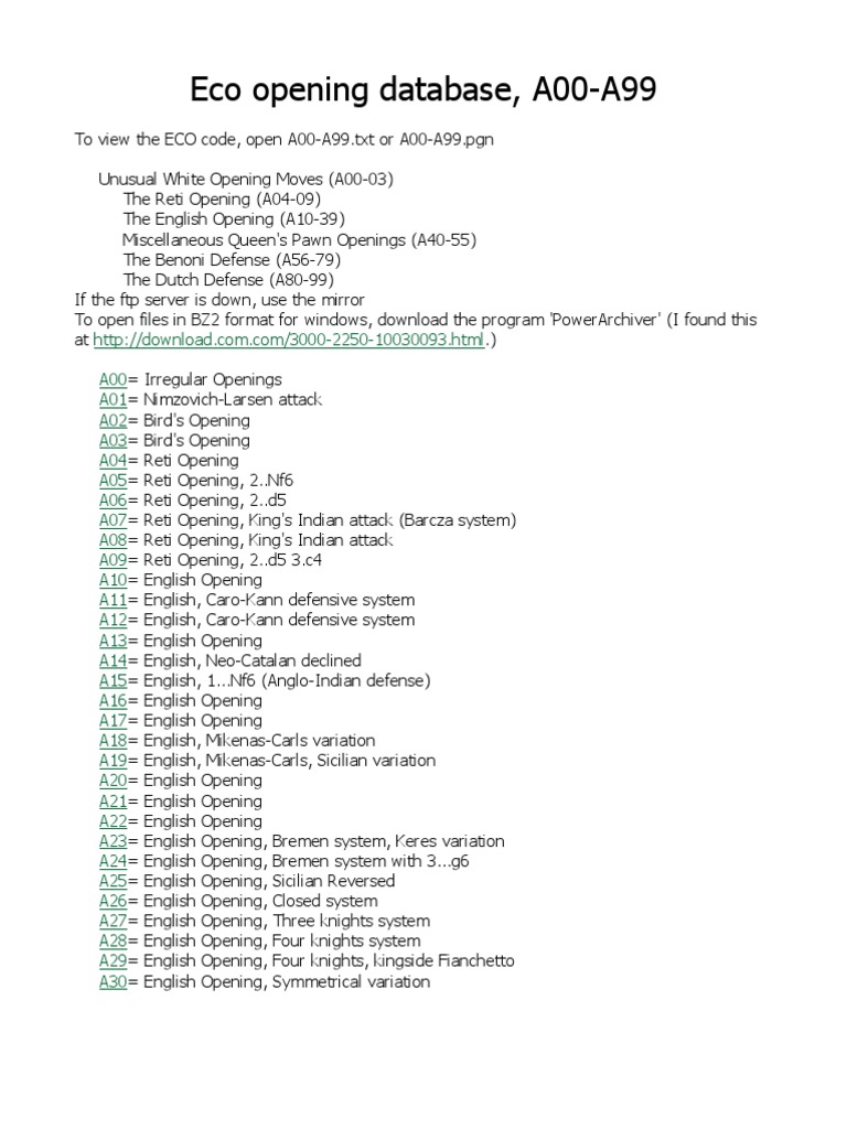 ECO Chess Openings Database A00-A99 | PDF | Chess Openings | Abstract ...