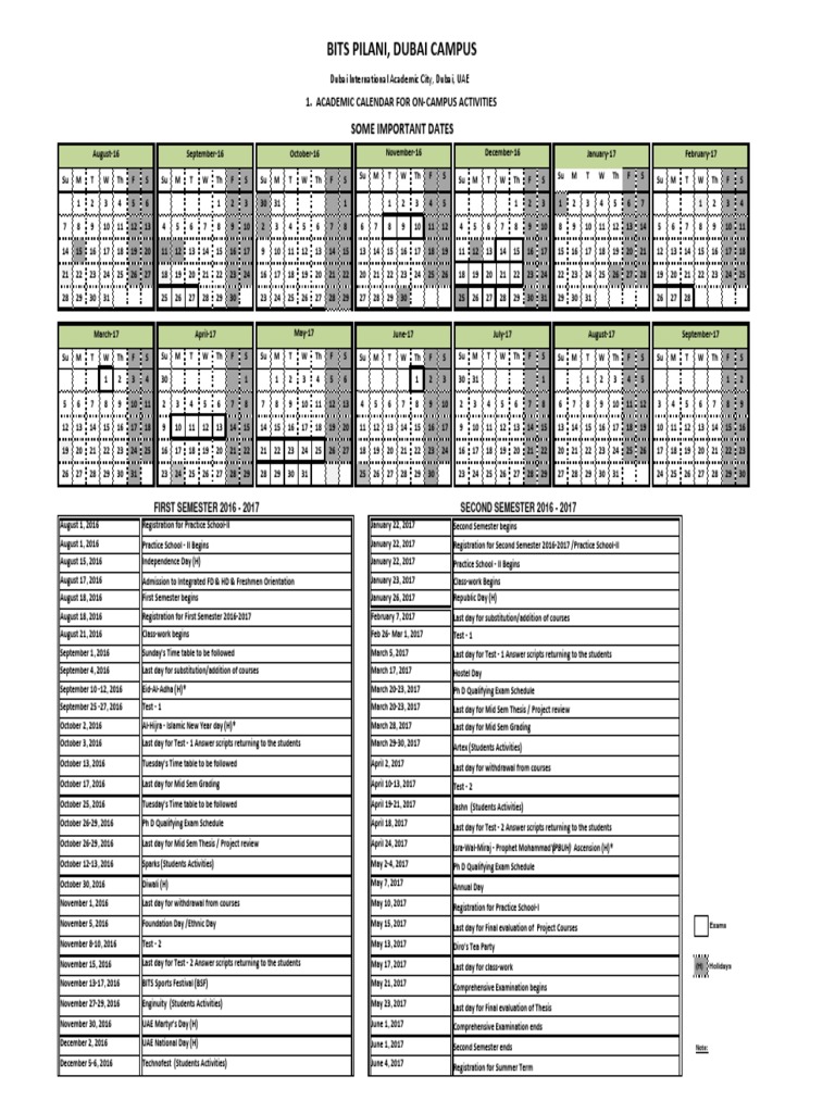 Bits Pilani, Dubai Campus Some Important Dates PDF Academic Term