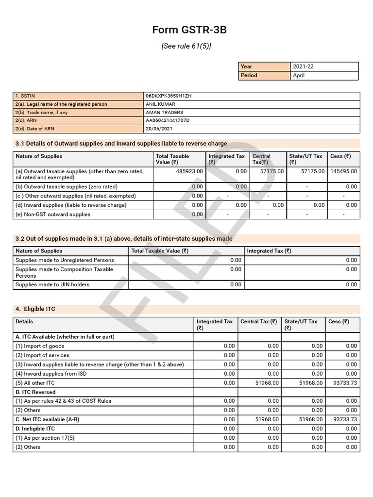 GSTR-3B Filing for Aman Traders 2021-22 | PDF | Trade | Public Law