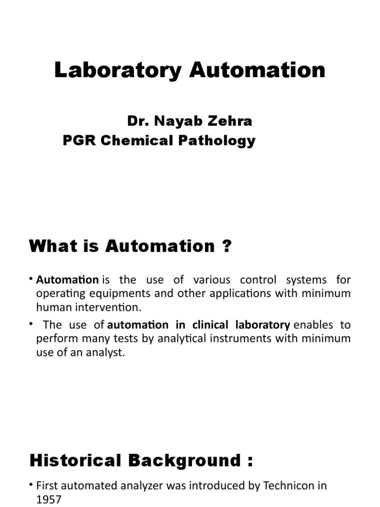 Laboratory Automation Dr. Nayab Zehra PGR Chemical Pathology PDF Automation Verification