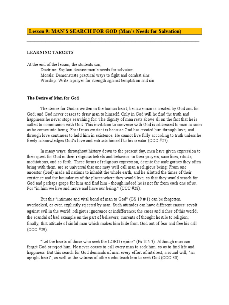 Lesson 9 MAN'S SEARCH FOR GOD (Man's Needs For Salvation) Learning