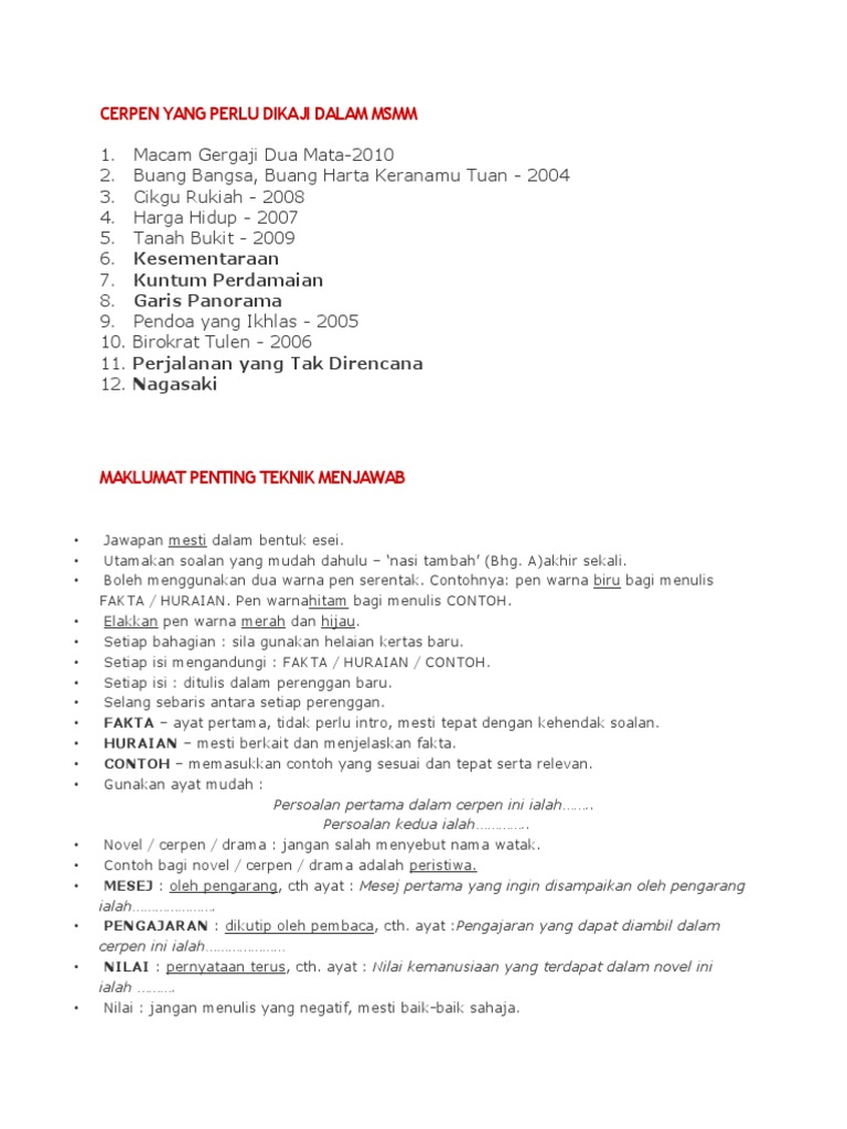 Panduan Menjawab Cerpen MSMM | PDF