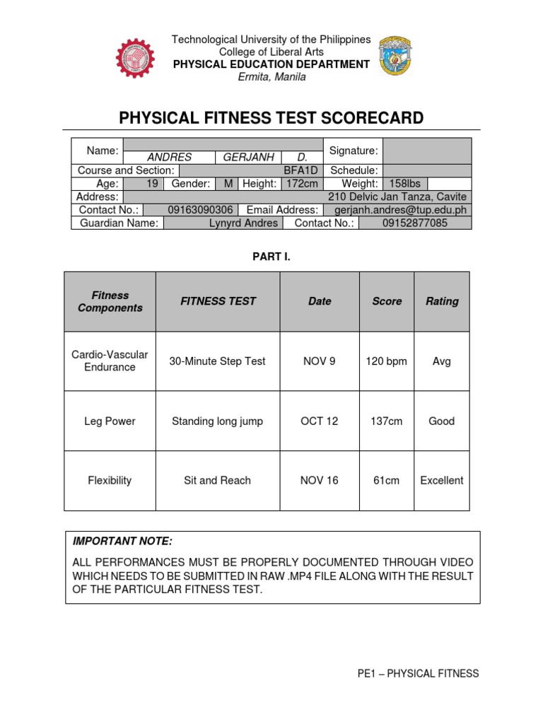 Physical Fitness Test Scorecard: Ermita, Manila | PDF