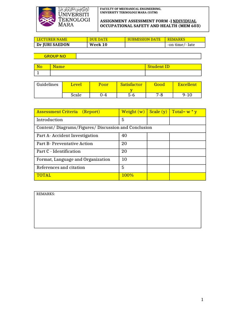 Assignment Assessment Form - I Ndividual Occupational Safety and Health ...