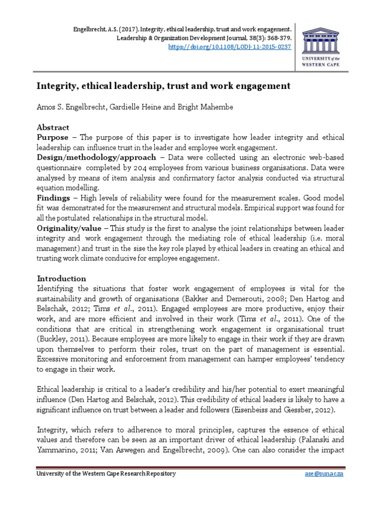 Ethical Leadership & Work Engagement | PDF | Leadership | Integrity