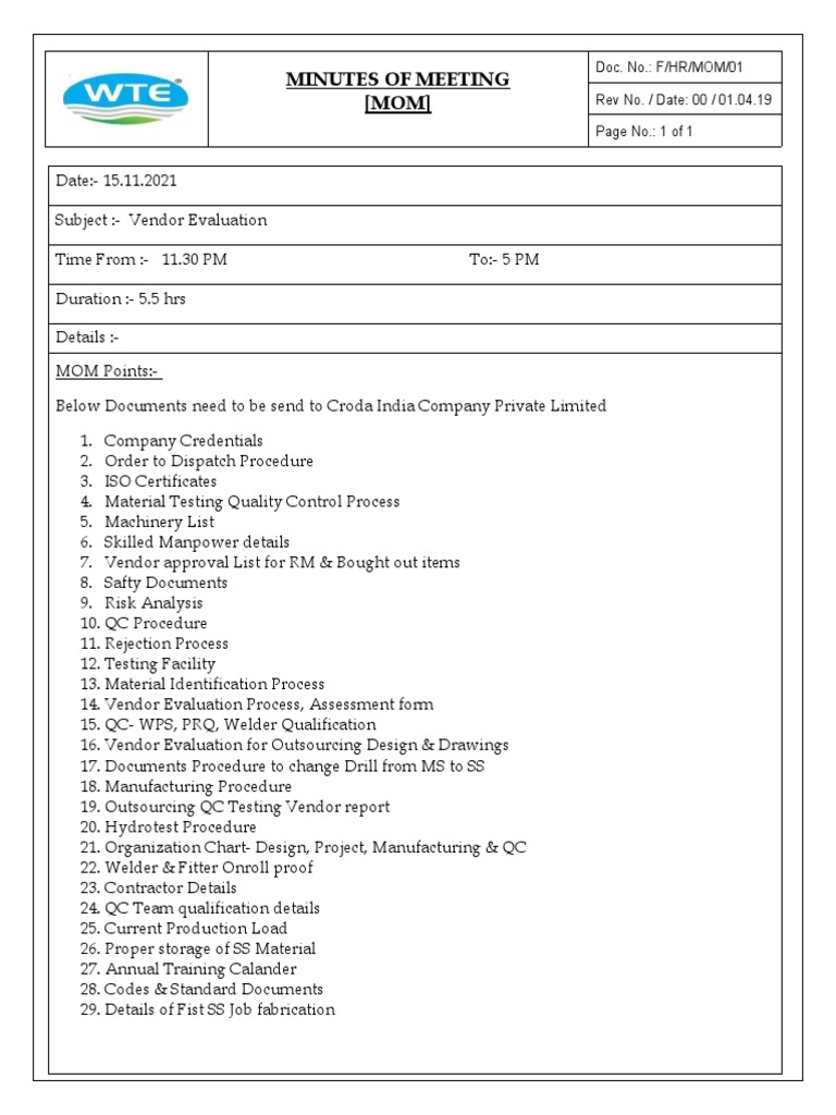 Minutes of Meeting (MOM) : Doc. No.: F/HR/MOM/01 Rev No. / Date: 00 / ...