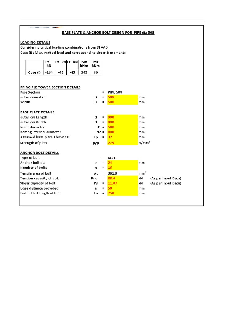 Base Plate & Anchor Bolt Design For Pipe Dia 508 Loading Details | PDF ...