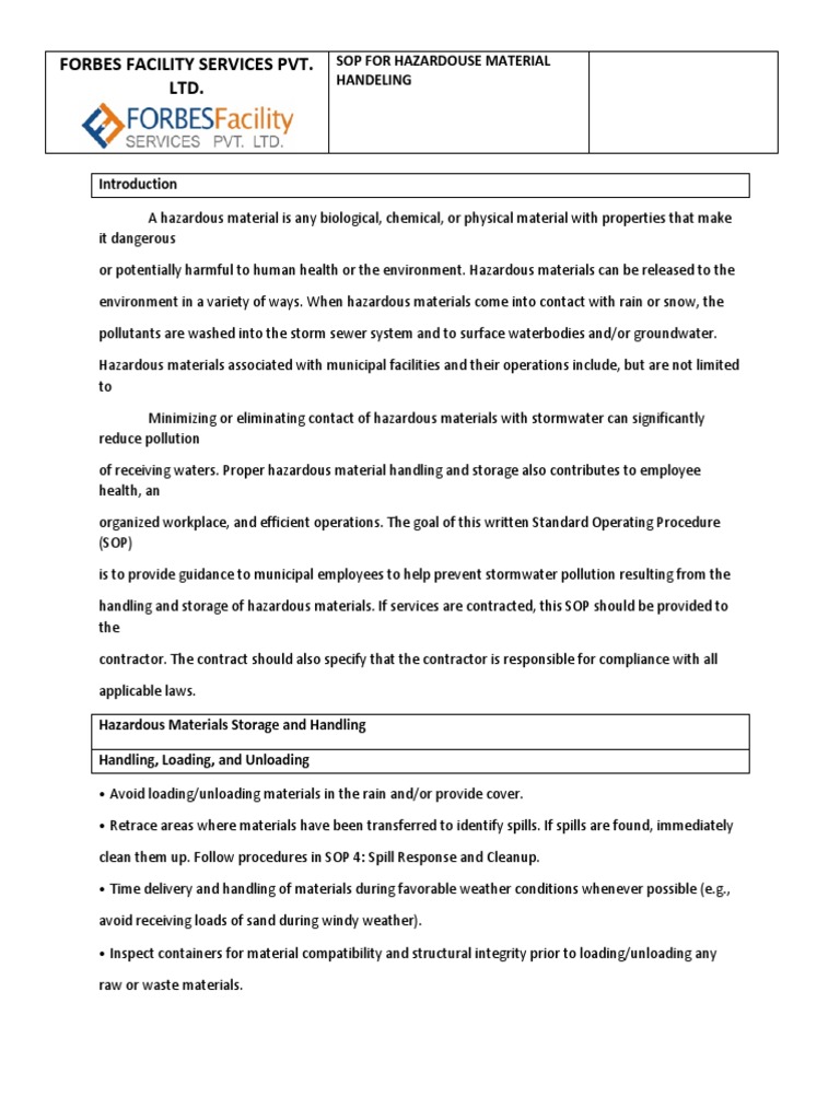 Hazardous Material Handeling SOP PDF Dangerous Goods Stormwater