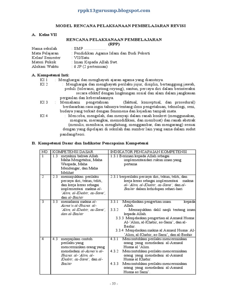 RPP PAI Kelas 7 Semester 1 K13 | PDF