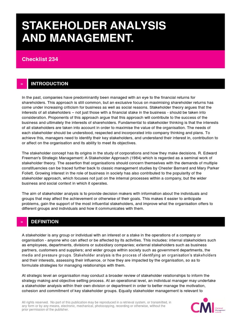Stakeholder Analysis and Management.: Checklist 234 | PDF | Stakeholder ...