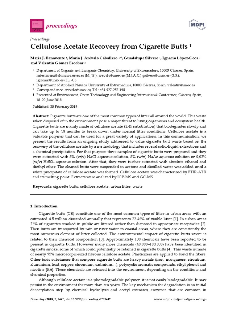 Cellulose Acetate Recovery From Cigarette Butts | PDF | Cigarette ...