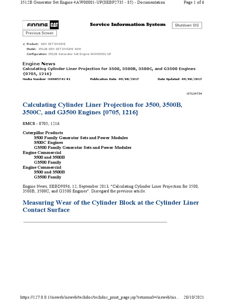 Calculating Cylinder Liner Projection For 3500, 3500B, 3500C, and G3500