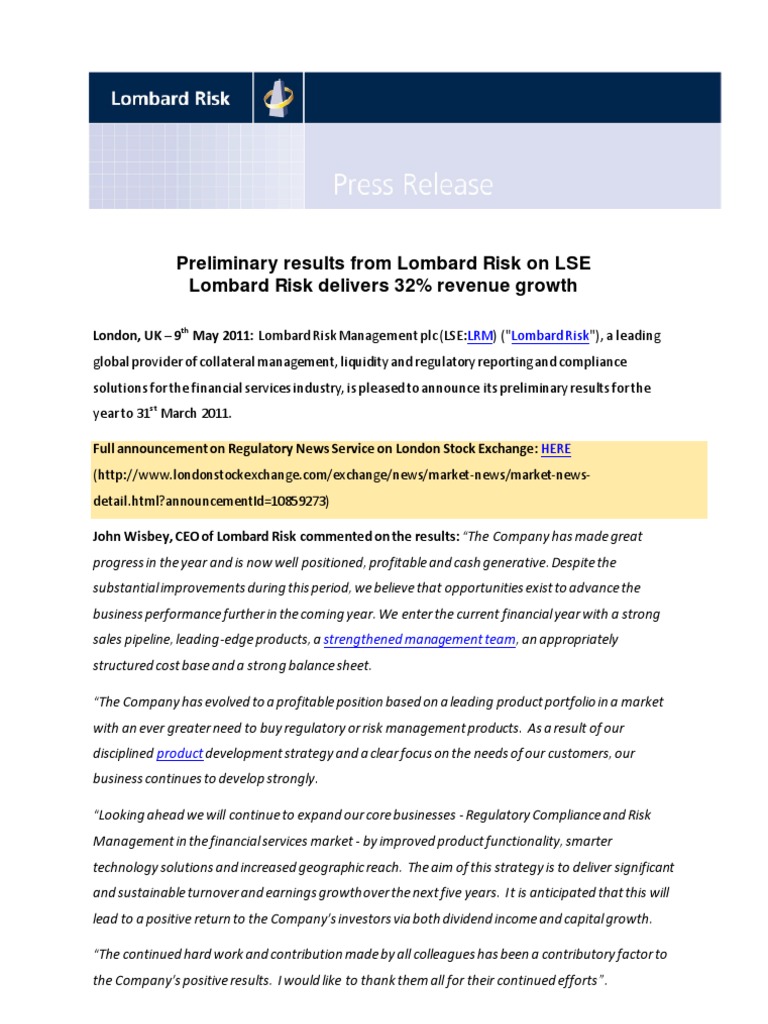 PR: Lombard Risk Demonstrates 32% Revenue Grown For 2011 | PDF | London ...
