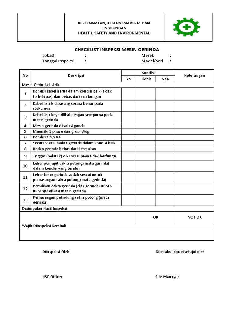 Checklist Inspection Grinding Machine PDF