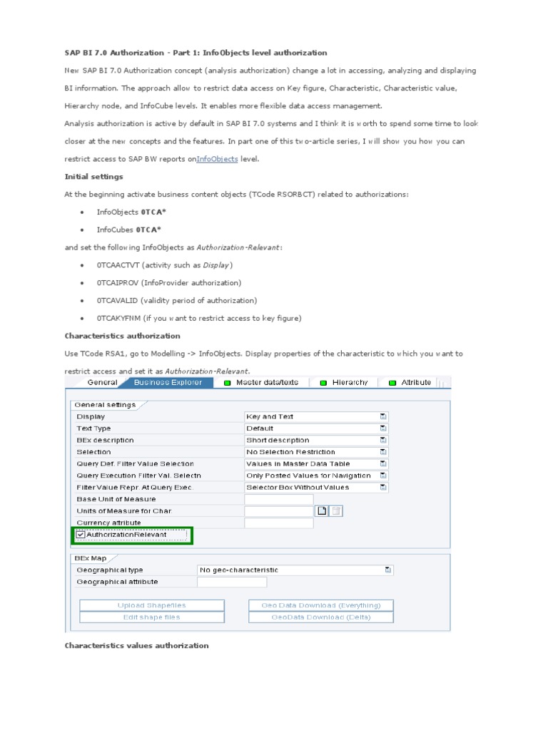 SAP BI 7.0: InfoObjects Authorization Guide | PDF | Software ...