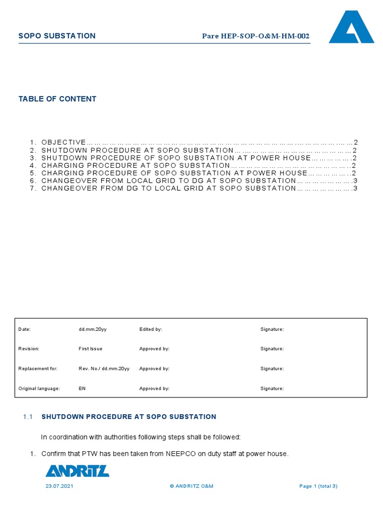 Sopo Substation SOP | PDF | Electrical Substation | Physical Quantities