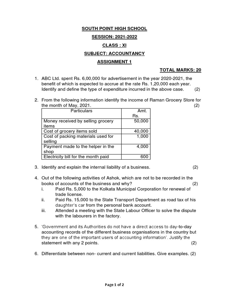 Assignment 1 Class 11 Accountancy (2021-22) | PDF | Accounting | Expense