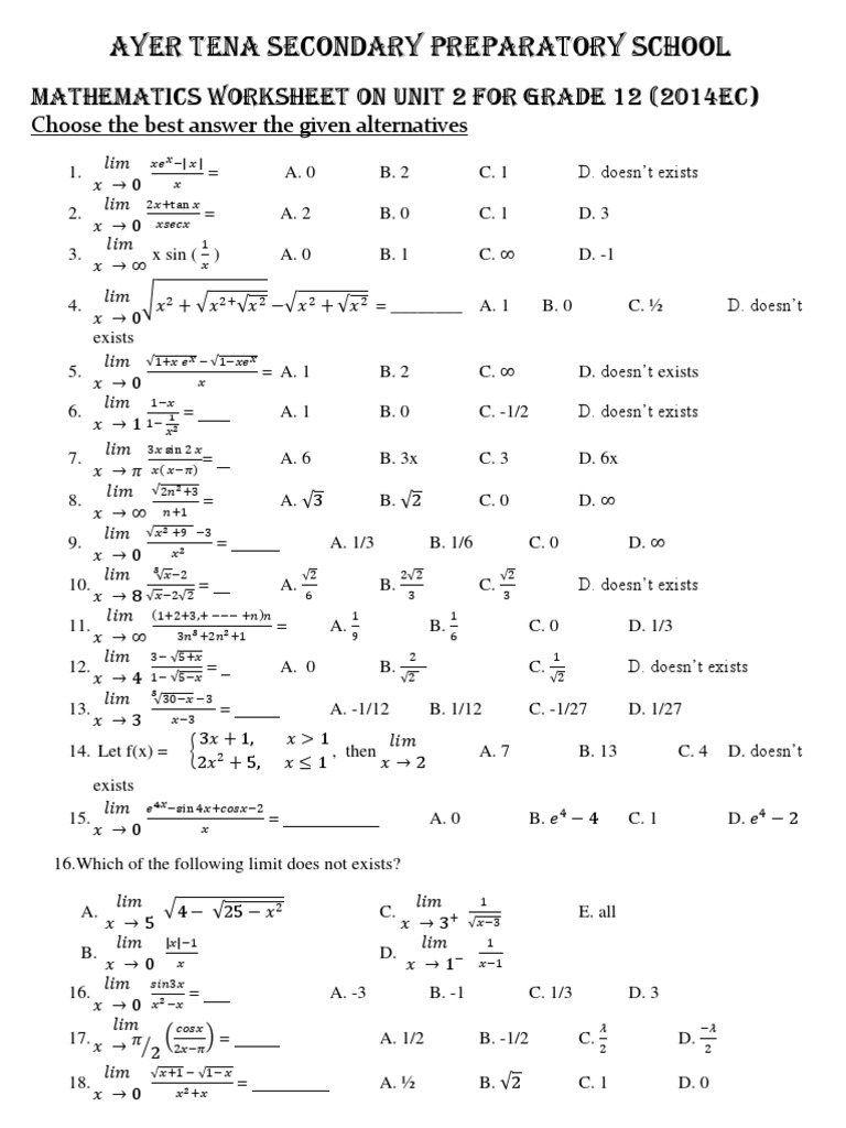 Ayer Tena Secondary Preparatory School: Mathematics Worksheet On Unit 2 ...