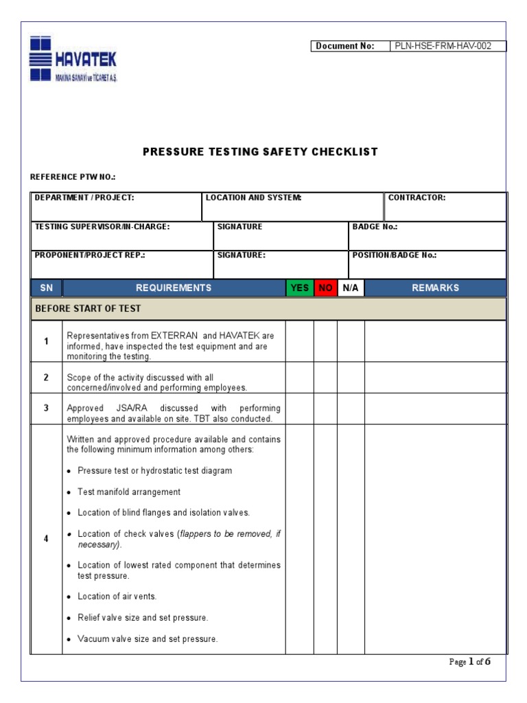 FR 002 Pressure Testing Inspection Checklist | Download Free PDF ...