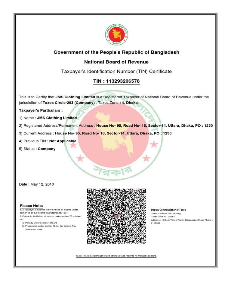 TIN Certificate for JMS Clothing Ltd | PDF