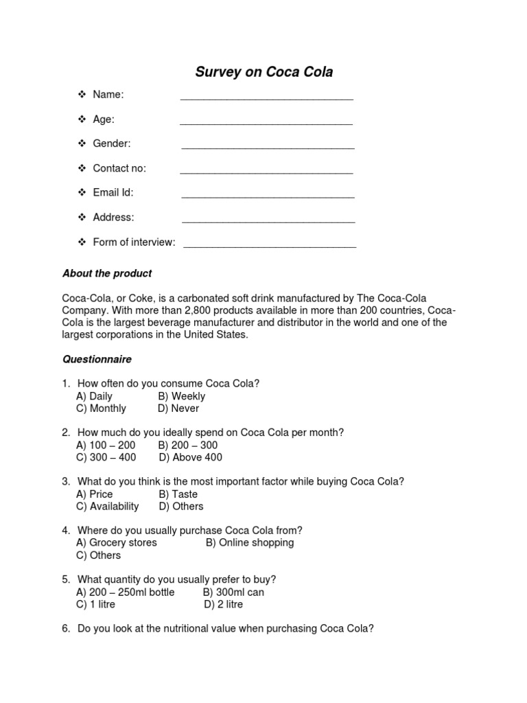 Survey On Coca Cola About The Product PDF Cola Coca Cola
