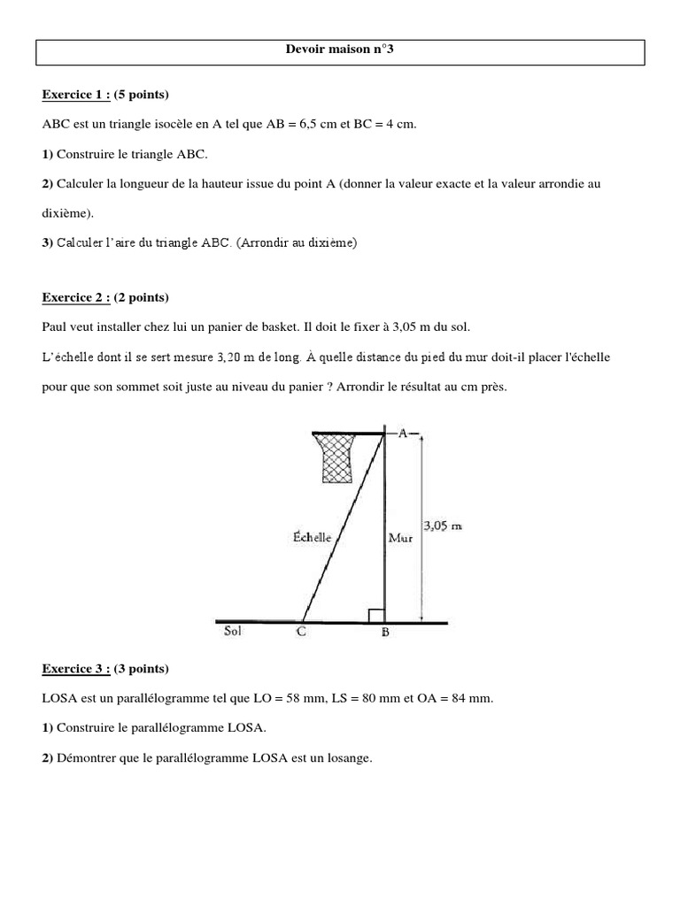 Paul Veut Installer Chez Lui Un Panier De Basket Devoir Maison Maths Quatrieme 3 | PDF