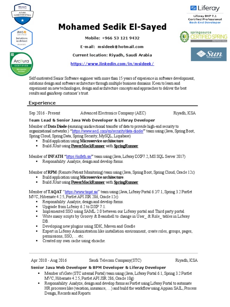 Mohamed Sedik: Senior Software Engineer | PDF | Java (Programming ...