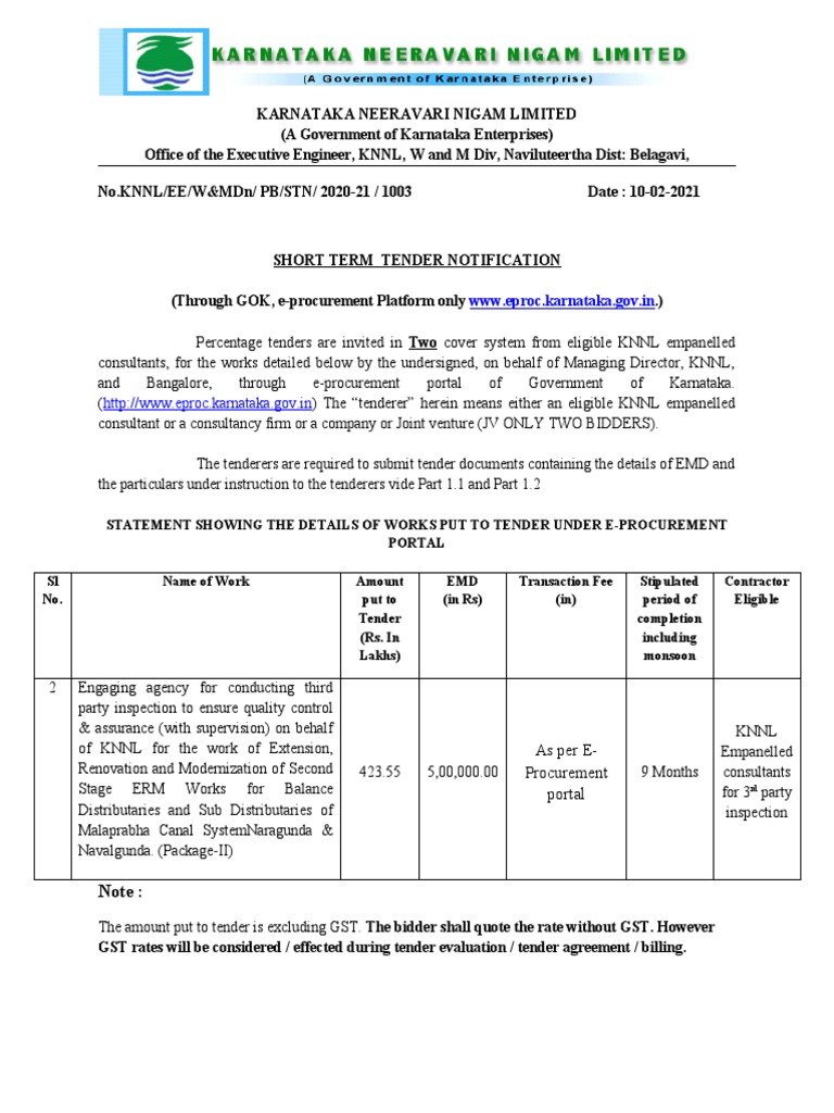 KNNL Short Term Tender Notification | PDF | Financial Transaction ...