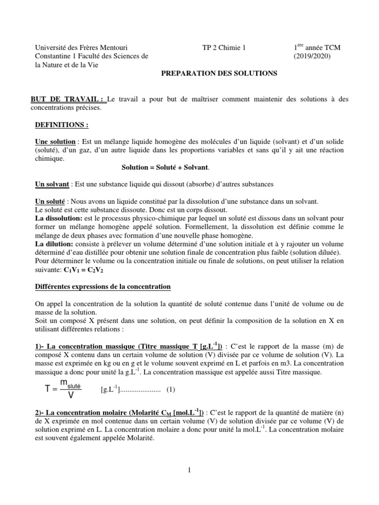 Préparation et dilution de solutions chimiques | PDF | Concentration ...