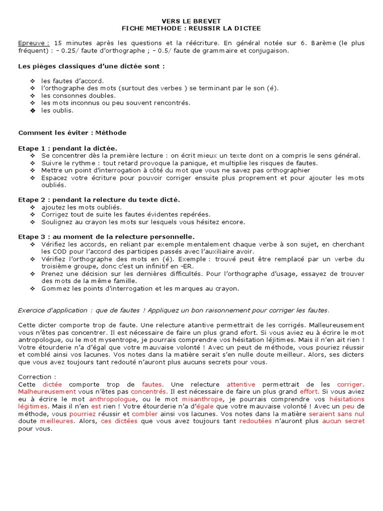 Cours De Français Pdf Grammaire orthographe dictées Corrigés VERS LE BREVET Fiche Dictee Prof | PDF | Orthographie | Verbe