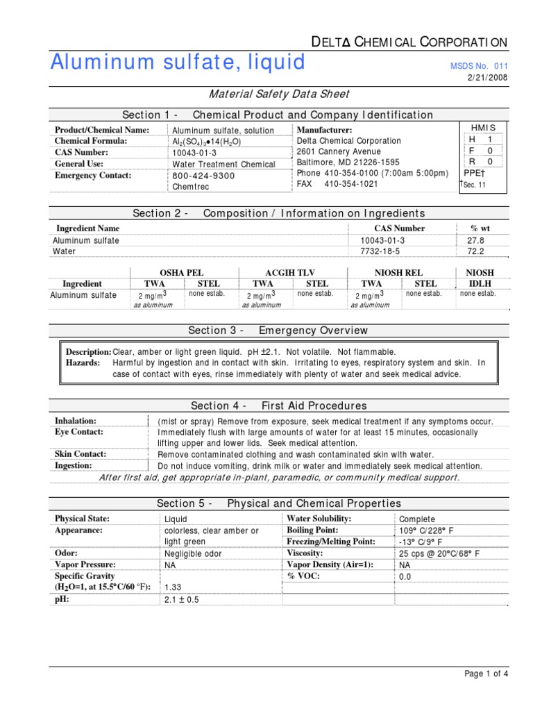 Aluminum Sulfate, Liquid Section 1 Chemical Product and Company