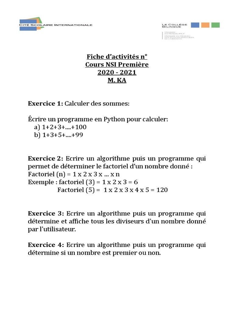 Exercices Python pour NSI Première | PDF