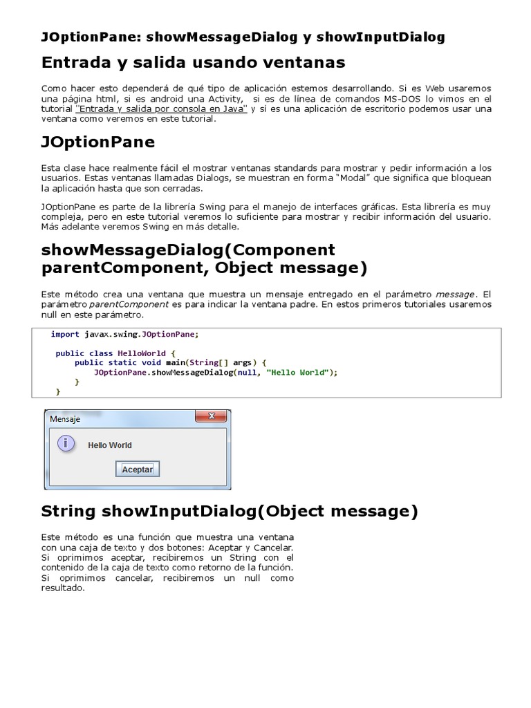 JOptionPane - ShowMessageDialog y ShowInputDialog | PDF | Ventana ...