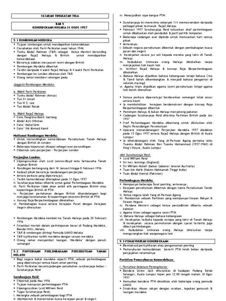Nota Sejarah Tingkatan 3  Bab 5  PDF