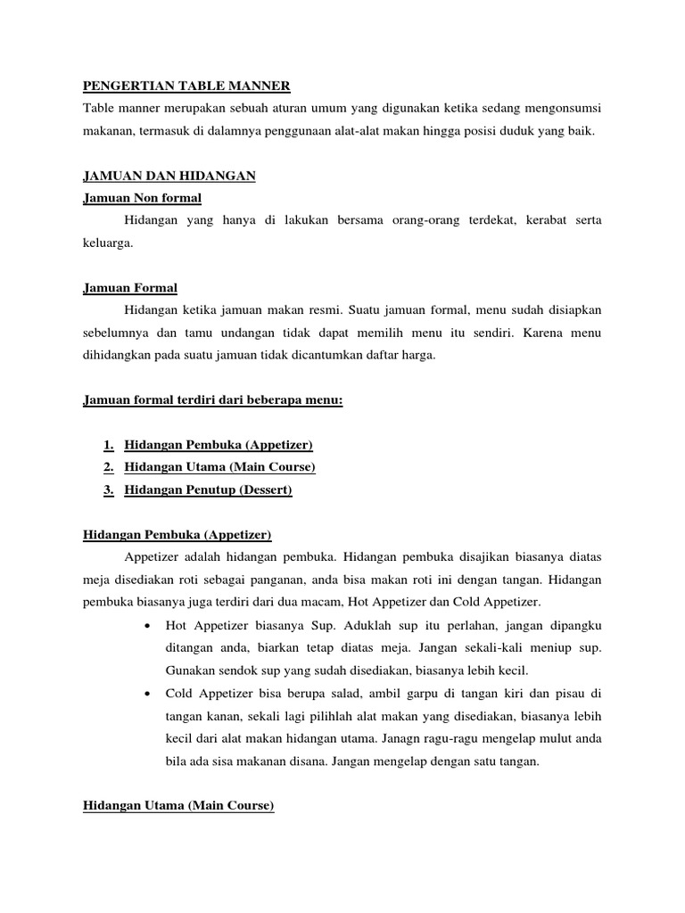 Aturan Table Manner dalam Jamuan Makan | PDF | Memasak, Makanan ...