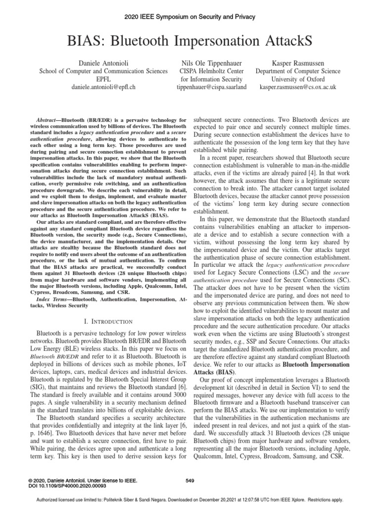 Bias Bluetooth Impersonation Attacks Daniele Antonioli Nils Ole