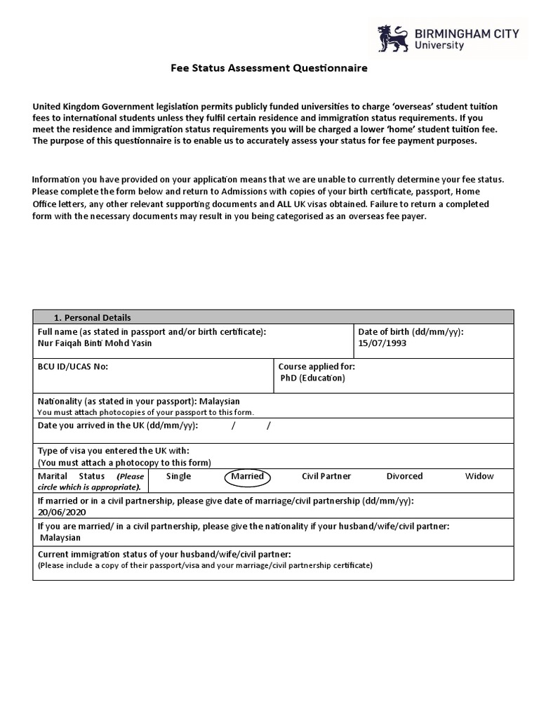 Fee Status Questionnaire Form | PDF | Travel Visa | Cultural Globalization