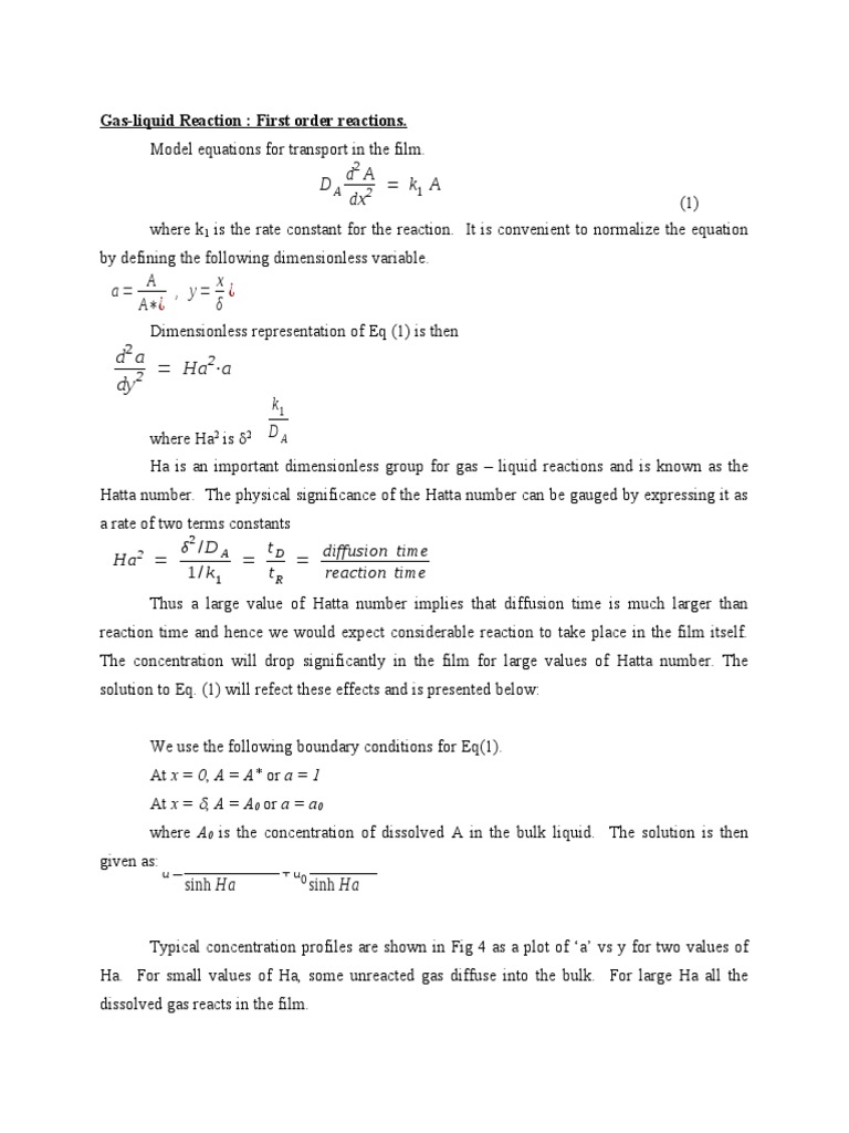 GasLiquid Reactions - First Order - Hatta Number | PDF | Gases | Diffusion