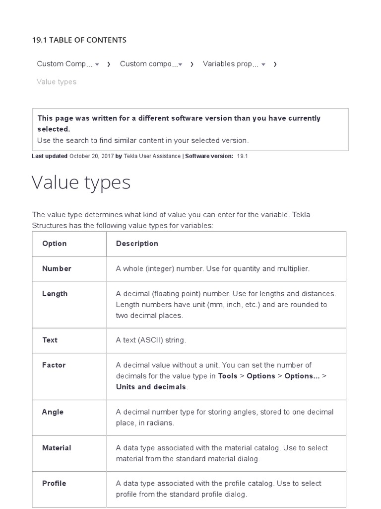 Tekla Structures Variable Types Guide | PDF | Data Type | Numbers