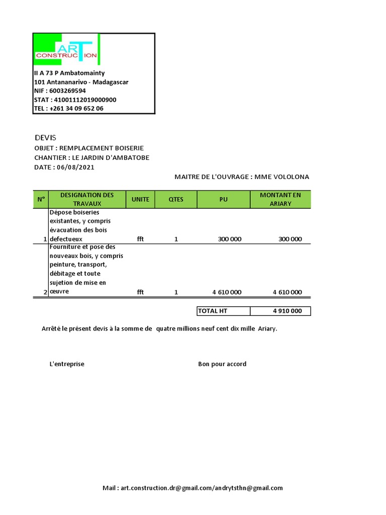 Devis pour remplacement de boiserie | PDF
