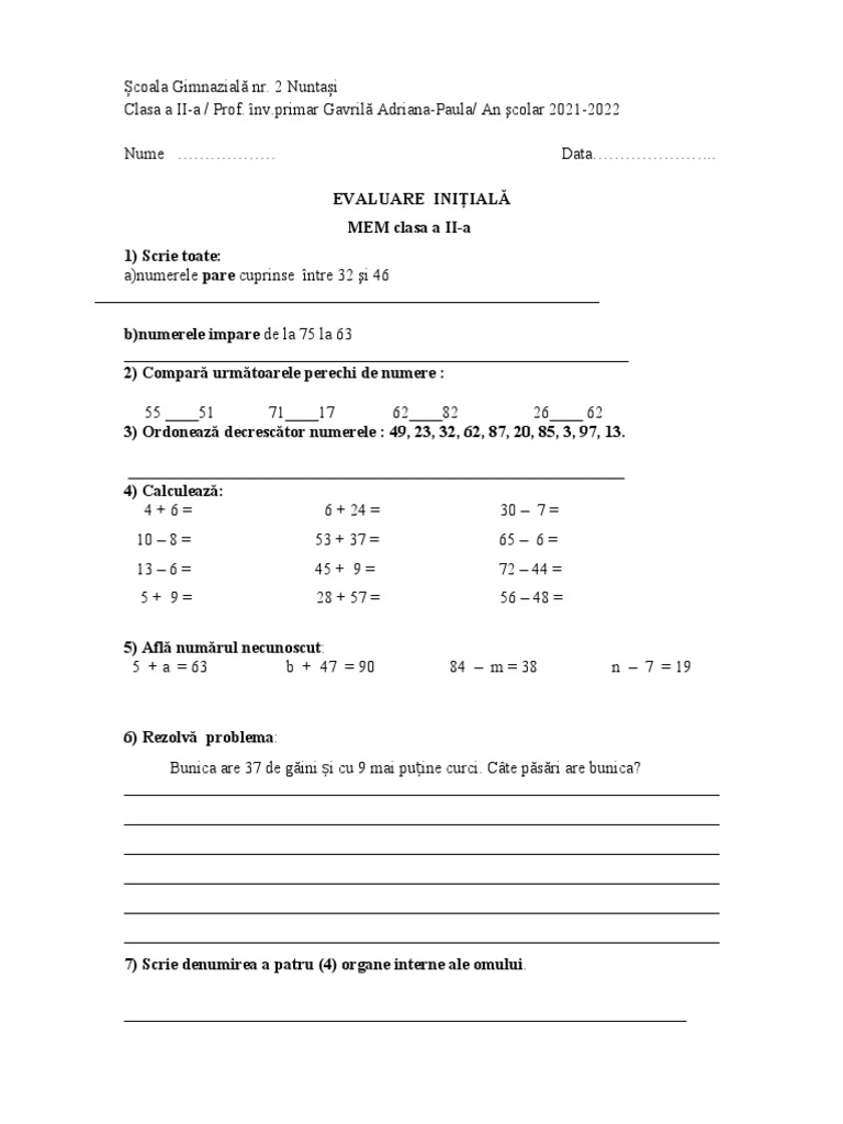 Test Inițial MEM Clasa A II-a | PDF