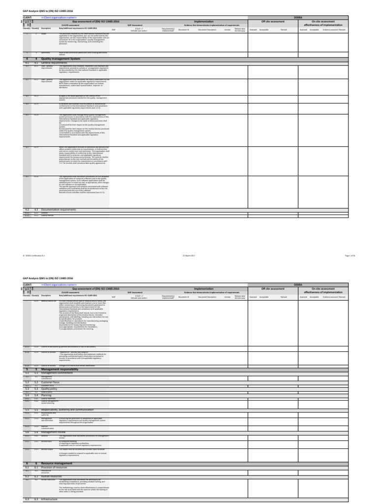 Gap Analysis ISO 13485 2016 - IsO 9001 2015 Template | PDF ...