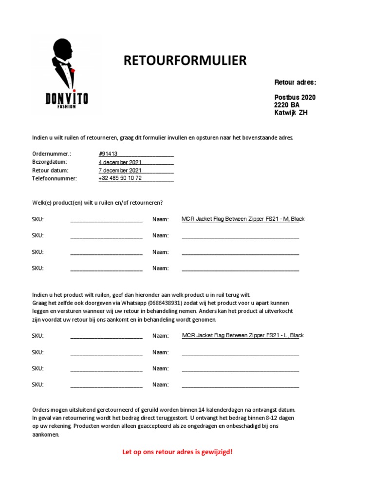 Retourformulier Nieuw Pdf Pdf